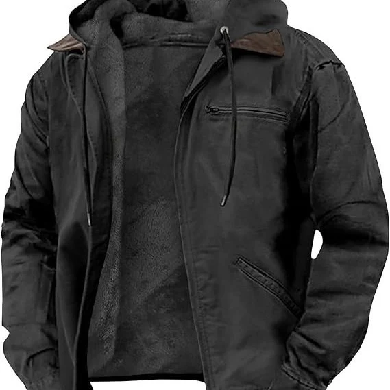 Herren Gefütterte Kapuzen-Lederjacke mit Teddyfutter und Brustreißverschlusstasche Nord Taschen