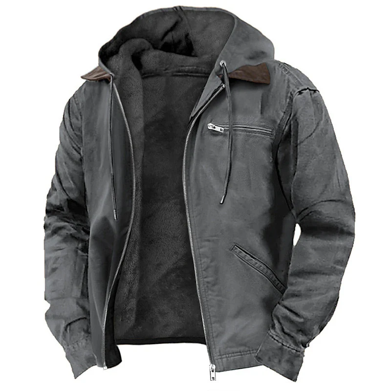 Herren Gefütterte Kapuzen-Lederjacke mit Teddyfutter und Brustreißverschlusstasche Nord Taschen