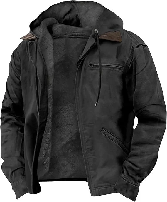 Herren Gefütterte Kapuzen-Lederjacke mit Teddyfutter und Brustreißverschlusstasche Nord Taschen