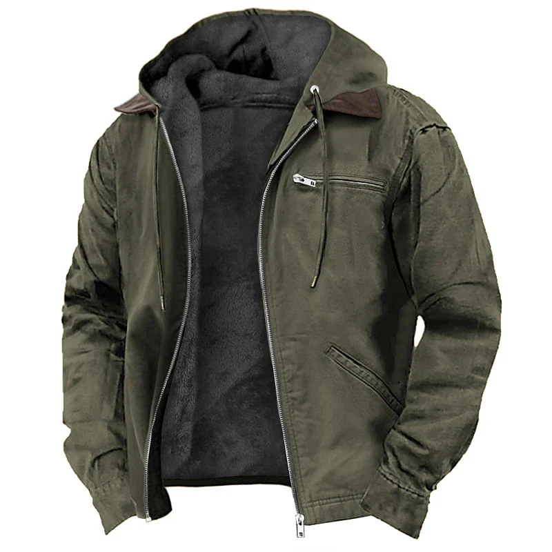 Herren Gefütterte Kapuzen-Lederjacke mit Teddyfutter und Brustreißverschlusstasche Nord Taschen