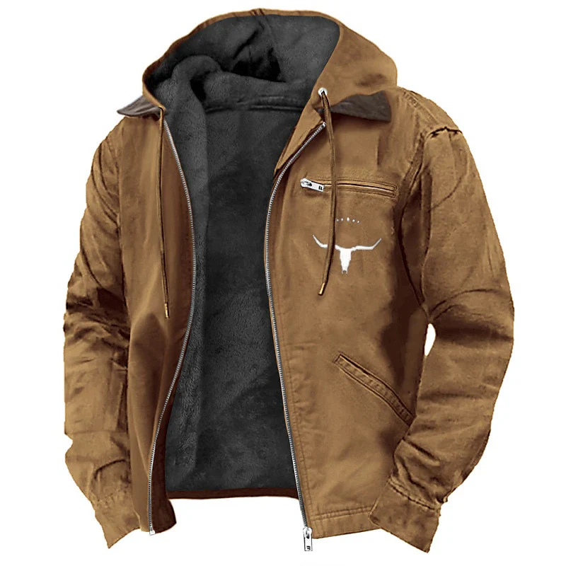 Herren Gefütterte Kapuzen-Lederjacke mit Teddyfutter und Brustreißverschlusstasche Nord Taschen
