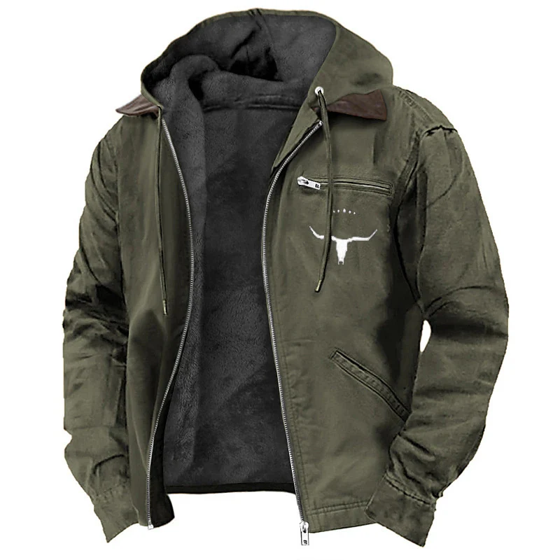 Herren Gefütterte Kapuzen-Lederjacke mit Teddyfutter und Brustreißverschlusstasche Nord Taschen