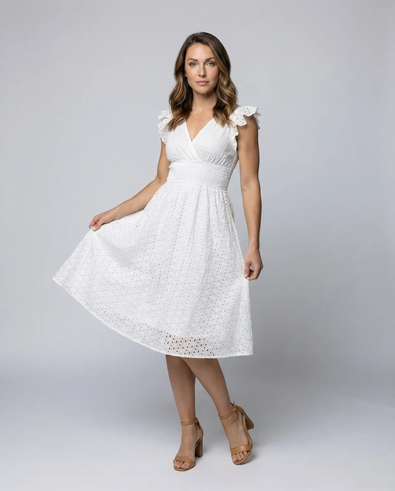 Damen Filigrane Lochstickerei Midikleid