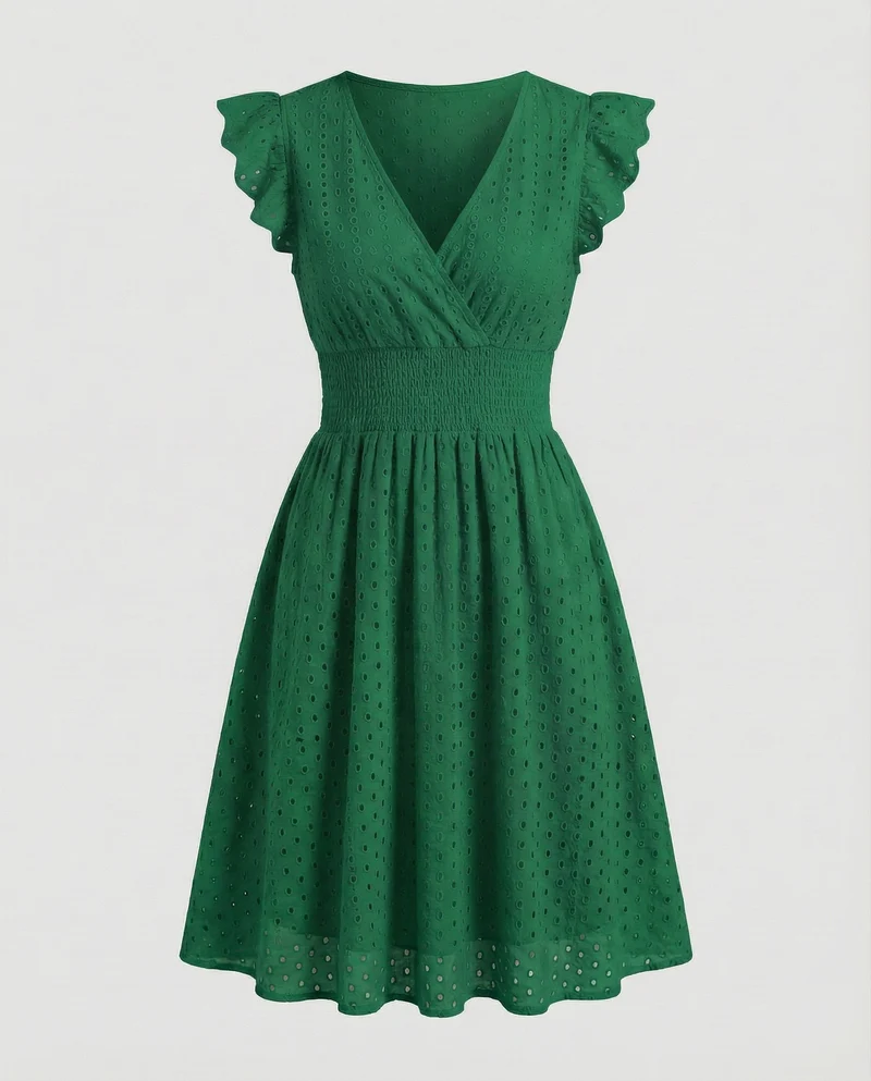 Damen Filigrane Lochstickerei Midikleid