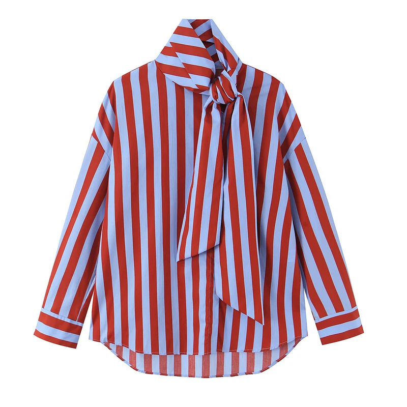Damen Gestreifte Bluse mit Schleifenkragen und lockerer Oversize-Passform Nord Taschen