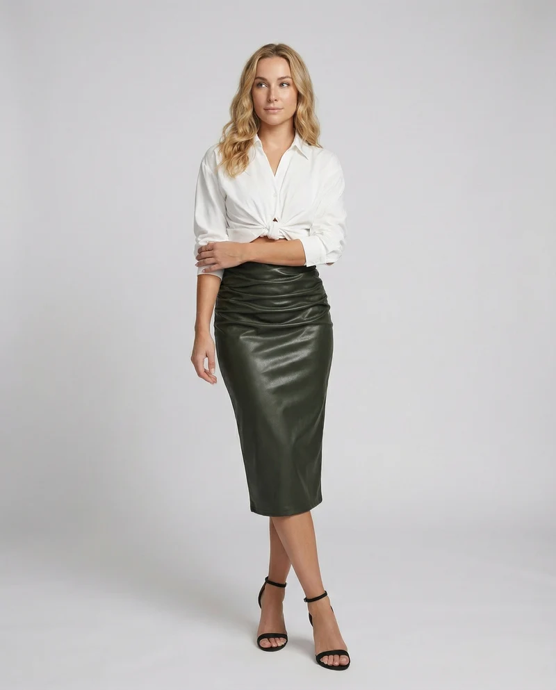 Damen Midi-Rock aus hochwertigem Leder mit Raffung - Vittorelli