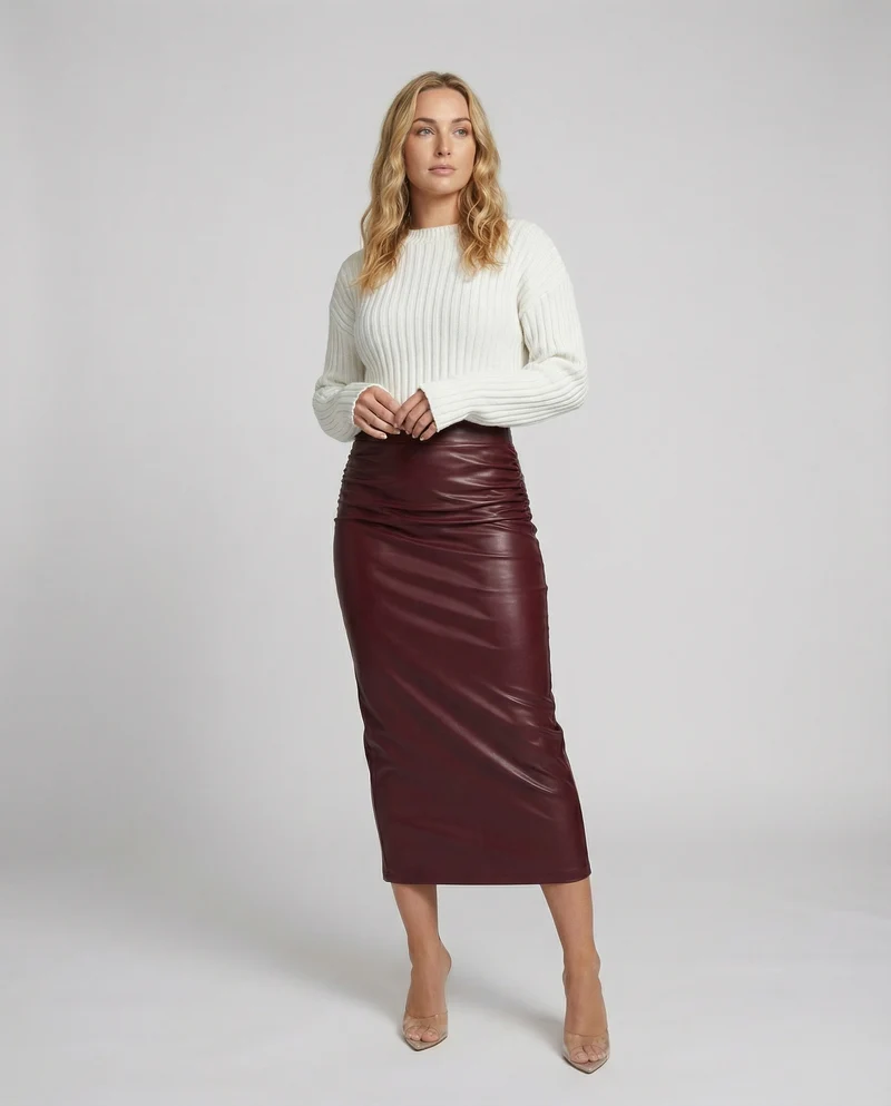 Damen Midi-Rock aus hochwertigem Leder mit Raffung - Vittorelli