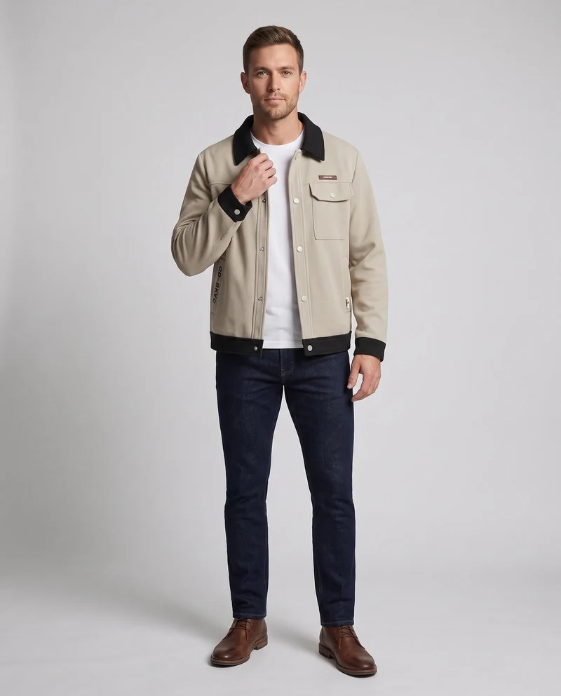 Herren Strukturierte Waffel-Übergangsjacke im Workerstil mit kontrastierendem Kragen, Druckknopffront & Utility‑Taschen Nord Taschen