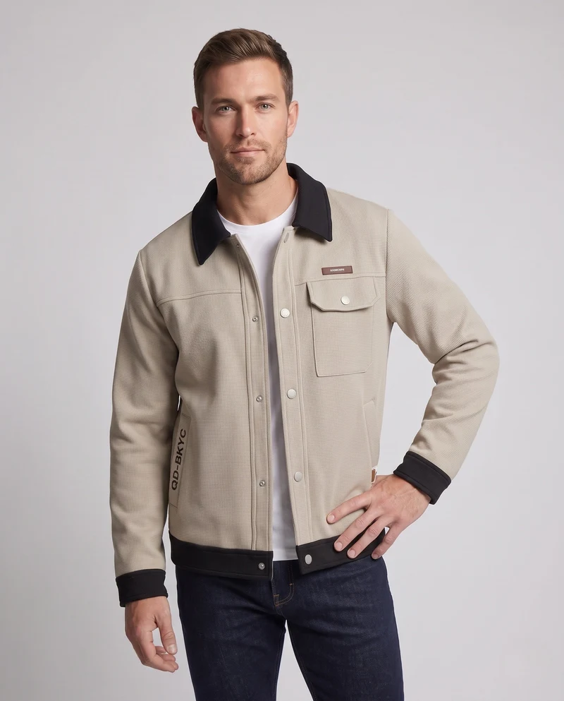 Herren Strukturierte Waffel-Übergangsjacke im Workerstil mit kontrastierendem Kragen, Druckknopffront & Utility‑Taschen Nord Taschen