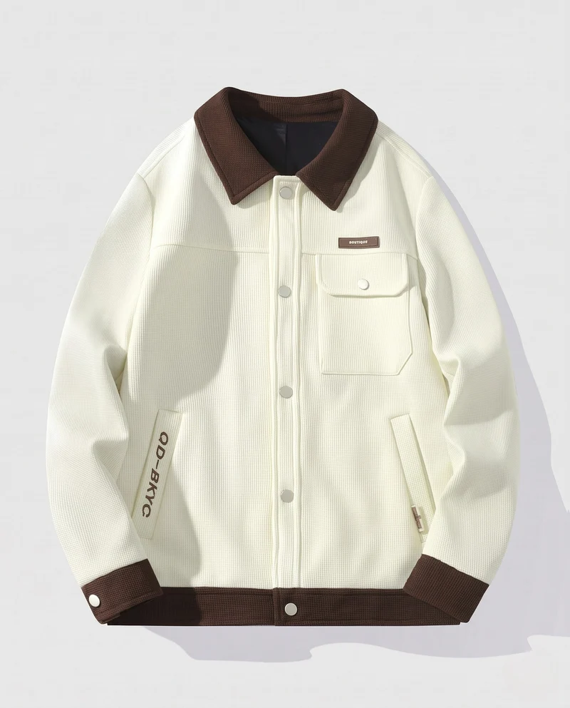 Herren Strukturierte Waffel-Übergangsjacke im Workerstil mit kontrastierendem Kragen, Druckknopffront & Utility‑Taschen Nord Taschen