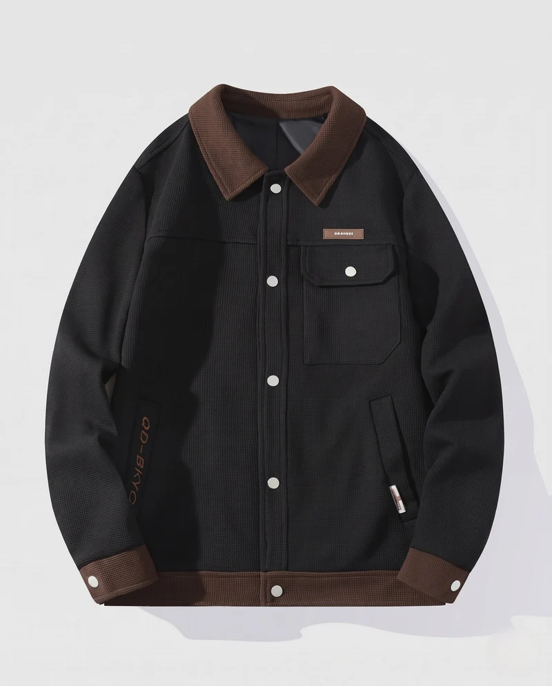 Herren Strukturierte Waffel-Übergangsjacke im Workerstil mit kontrastierendem Kragen, Druckknopffront & Utility‑Taschen Nord Taschen