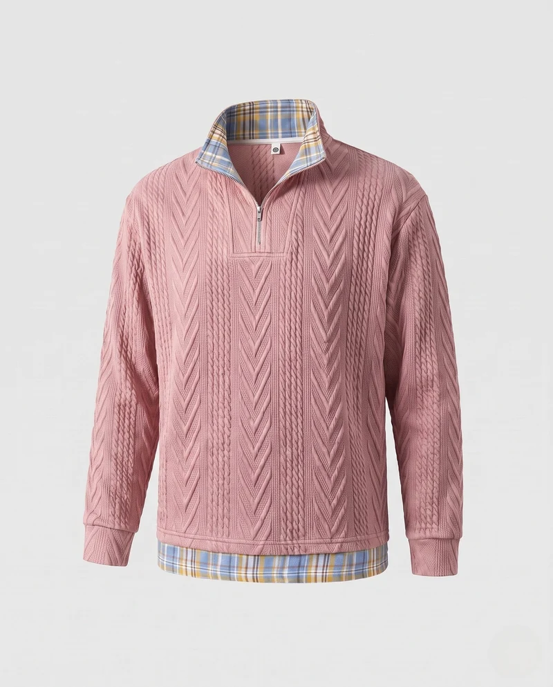 Herren Strick-Halbzippullover mit Zopfmuster, Stehkragen und kariertem Lagenlook Nord Taschen