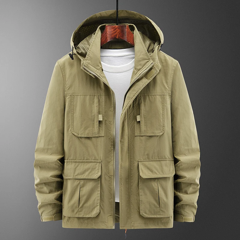 Herren Leichte Outdoor‑Fieldjacke mit Kapuze, vier aufgesetzten Taschen und verdecktem Reißverschluss Nord Taschen