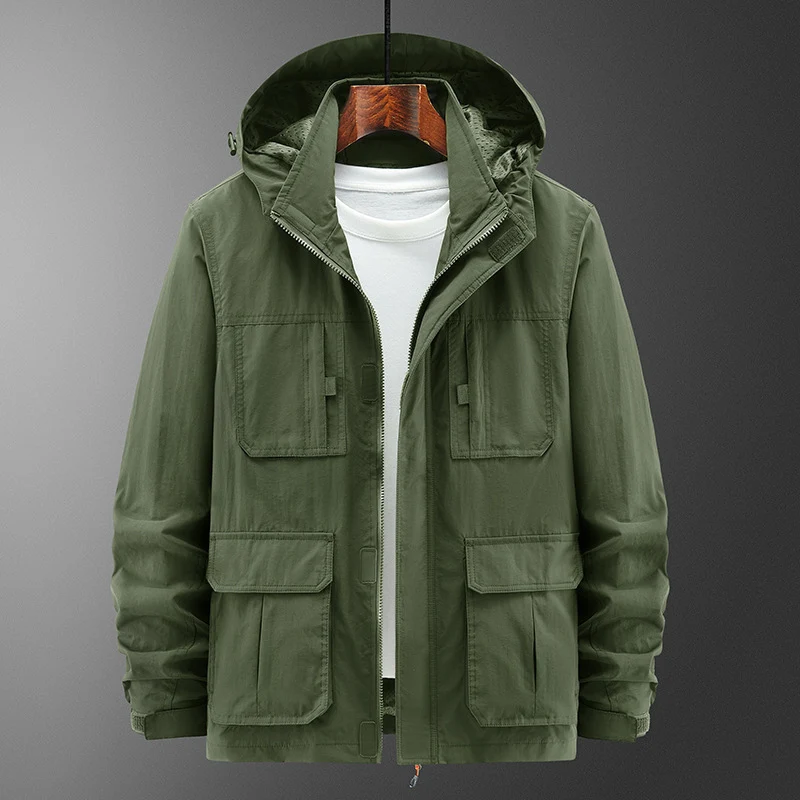 Herren Leichte Outdoor‑Fieldjacke mit Kapuze, vier aufgesetzten Taschen und verdecktem Reißverschluss Nord Taschen