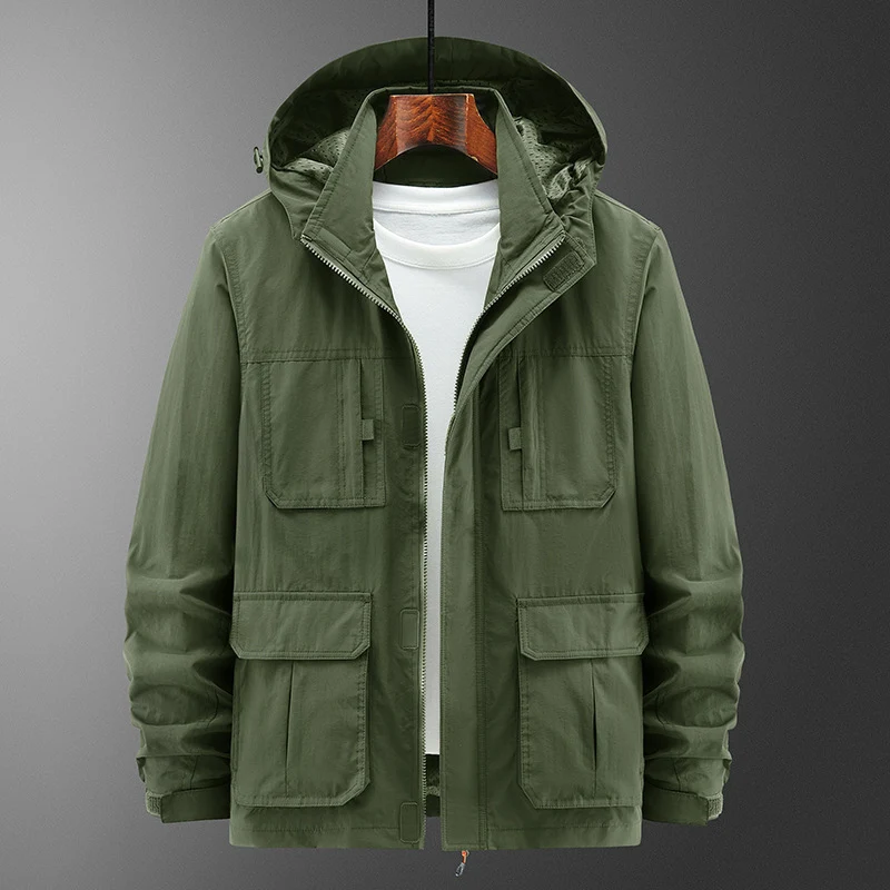 Herren Leichte Outdoor‑Fieldjacke mit Kapuze, vier aufgesetzten Taschen und verdecktem Reißverschluss Nord Taschen