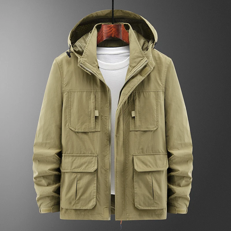 Herren Leichte Outdoor‑Fieldjacke mit Kapuze, vier aufgesetzten Taschen und verdecktem Reißverschluss Nord Taschen