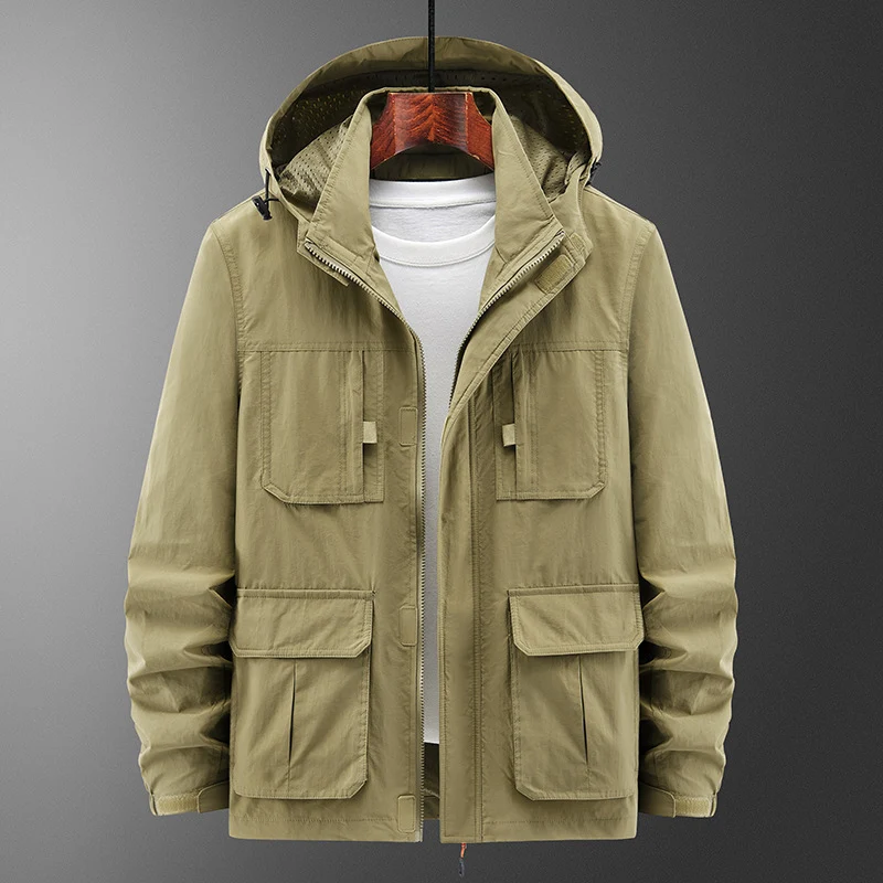 Herren Leichte Outdoor‑Fieldjacke mit Kapuze, vier aufgesetzten Taschen und verdecktem Reißverschluss Nord Taschen