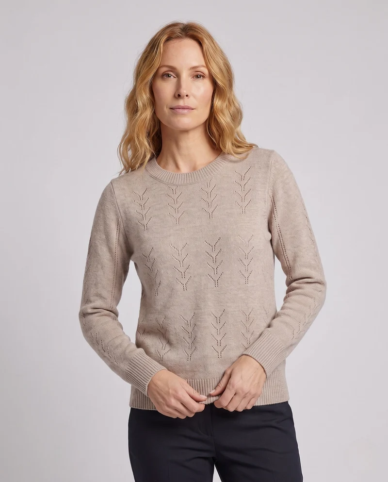 Damen Feinstrickpullover mit zartem Ajourmuster, Rundhals und legerer Passform Nord Taschen