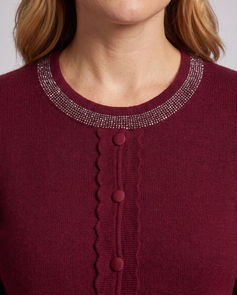 Damen Feinstrickpullover mit Zierknopfleiste und strassbesetztem Rundhalsausschnitt Nord Taschen