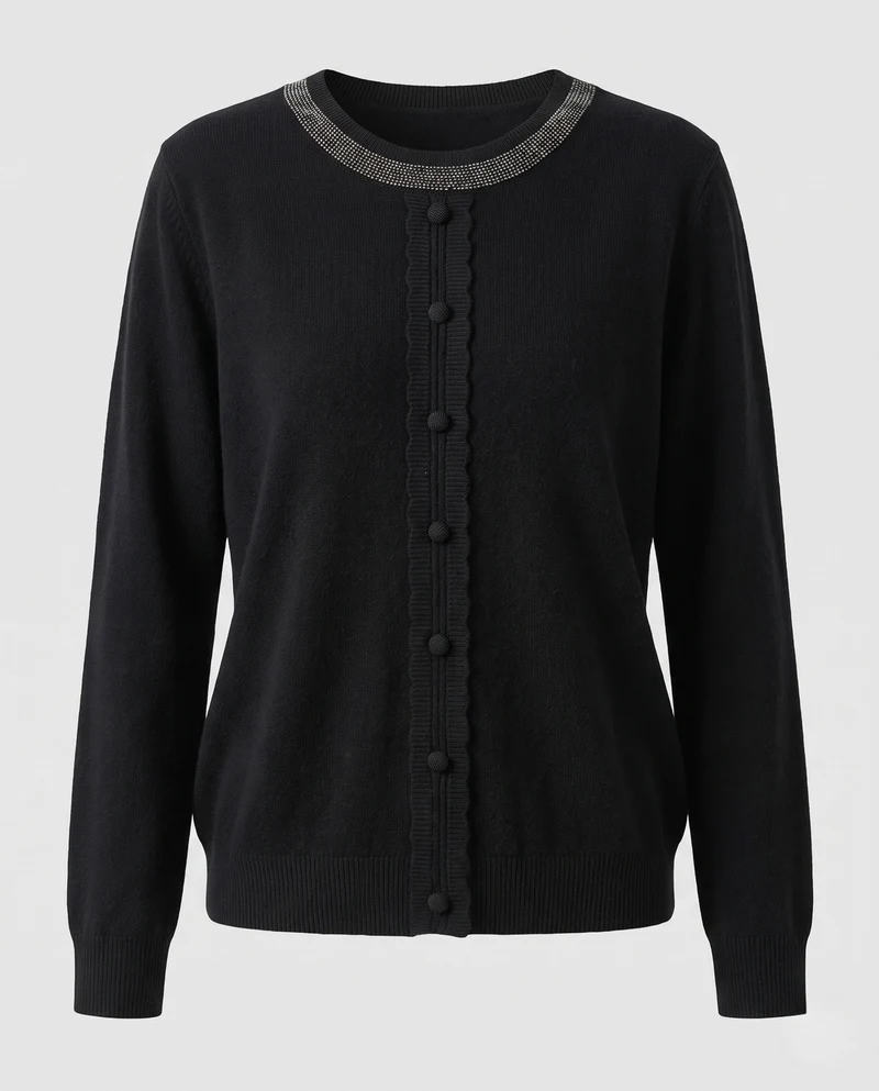 Damen Feinstrickpullover mit Zierknopfleiste und strassbesetztem Rundhalsausschnitt Nord Taschen
