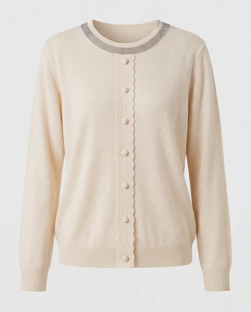 Damen Feinstrickpullover mit Zierknopfleiste und strassbesetztem Rundhalsausschnitt Nord Taschen