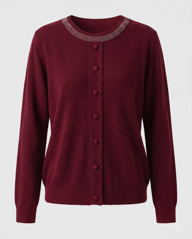 Damen Feinstrickpullover mit Zierknopfleiste und strassbesetztem Rundhalsausschnitt Nord Taschen