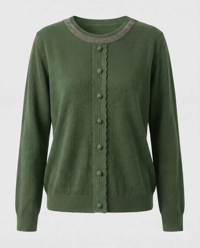 Damen Feinstrickpullover mit Zierknopfleiste und strassbesetztem Rundhalsausschnitt Nord Taschen