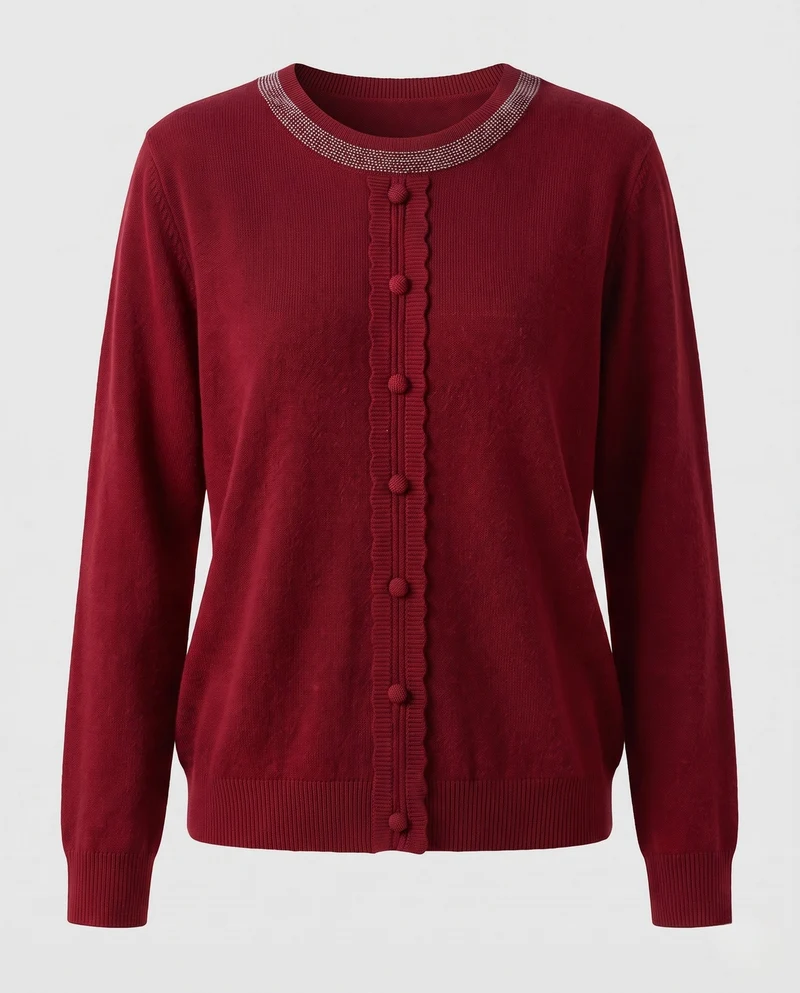 Damen Feinstrickpullover mit Zierknopfleiste und strassbesetztem Rundhalsausschnitt Nord Taschen