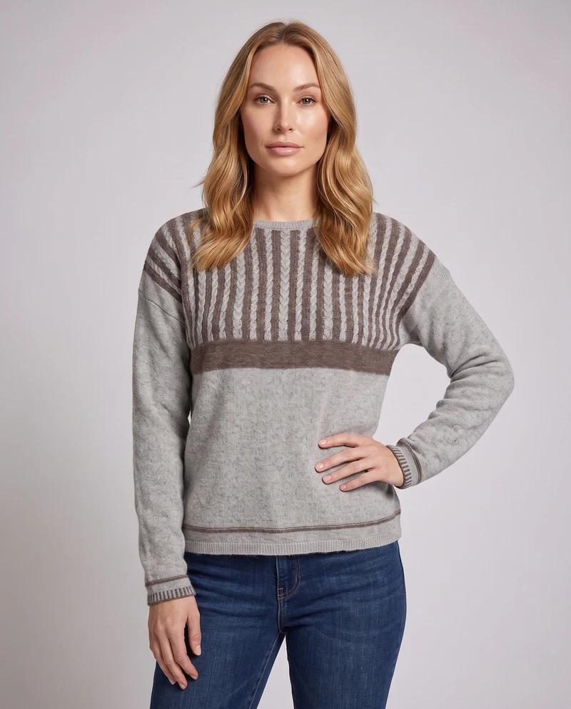 Damen Feinstrickpullover mit Zopfstruktur und kontrastierender Passe Nord Taschen