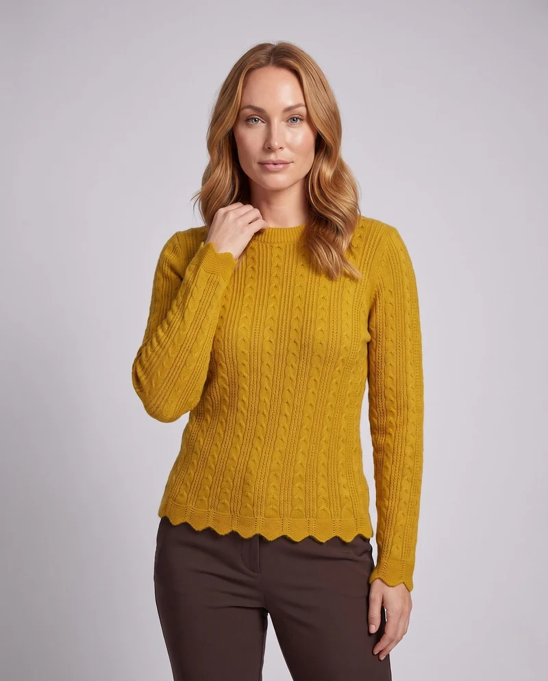 Damen Feinstrickpullover mit Zopfmuster, Rundhalsausschnitt und gewelltem Saum Nord Taschen