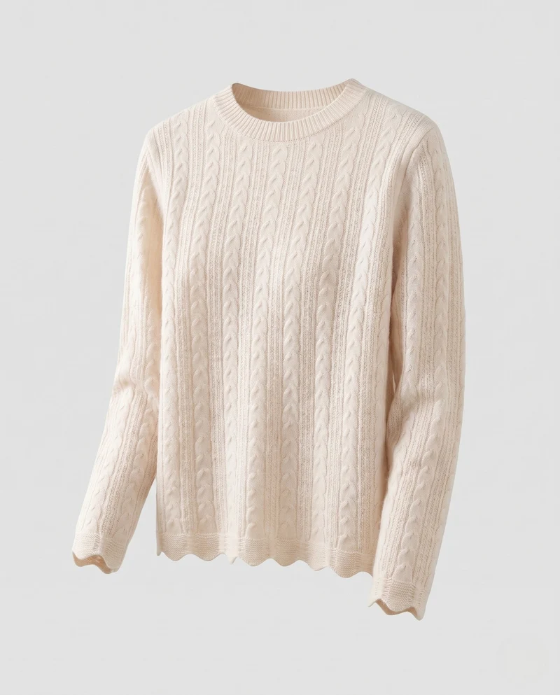 Damen Feinstrickpullover mit Zopfmuster, Rundhalsausschnitt und gewelltem Saum Nord Taschen