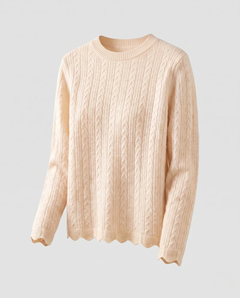 Damen Feinstrickpullover mit Zopfmuster, Rundhalsausschnitt und gewelltem Saum Nord Taschen