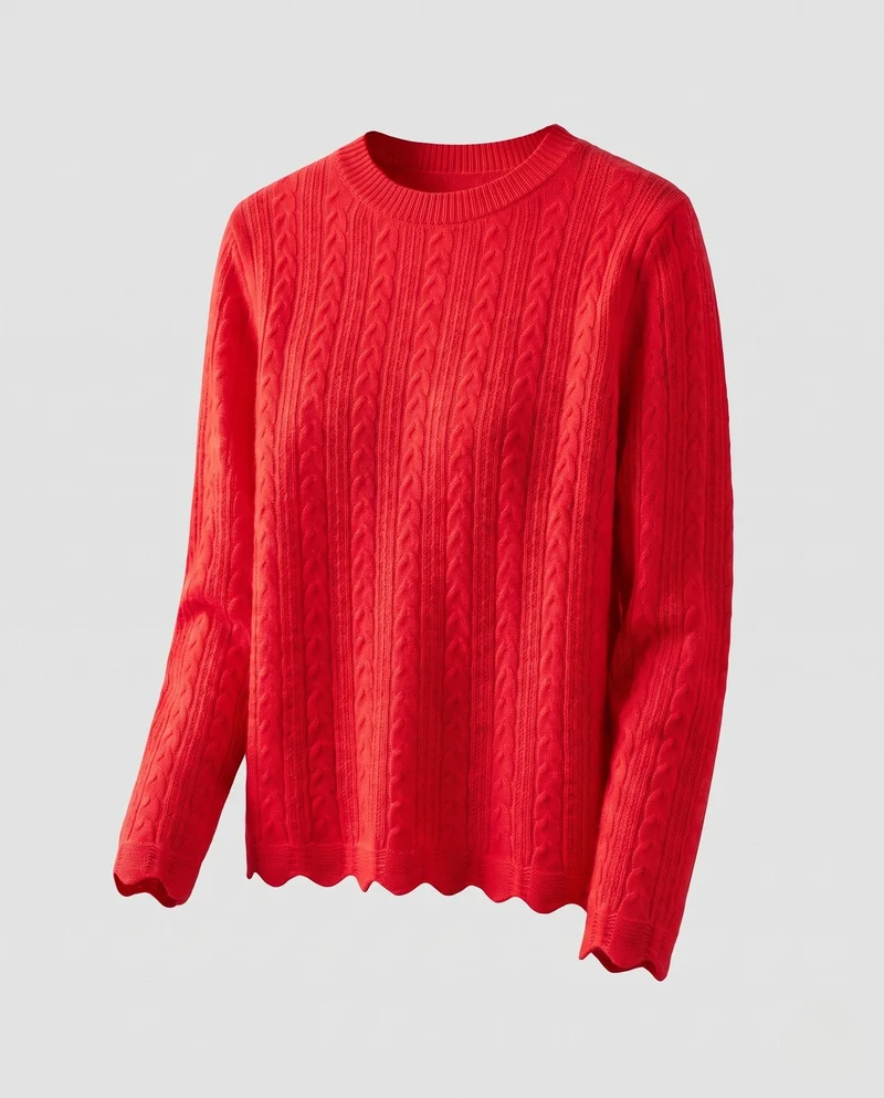 Damen Feinstrickpullover mit Zopfmuster, Rundhalsausschnitt und gewelltem Saum Nord Taschen