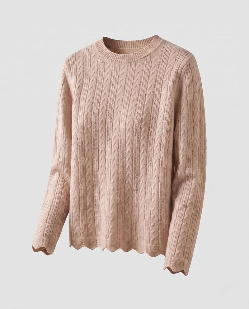 Damen Feinstrickpullover mit Zopfmuster, Rundhalsausschnitt und gewelltem Saum Nord Taschen