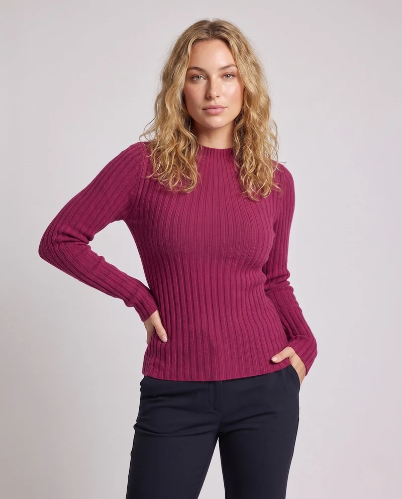 Damen Figurbetonter gerippter Feinstrickpullover mit kurzem Stehkragen und kaschmirähnlicher Weichheit Nord Taschen