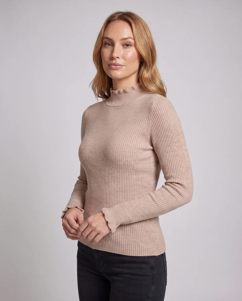 Damen Figurbetonter Feinstrickpullover mit feiner Rippenstruktur und Wellensaum-Ärmeln Nord Taschen