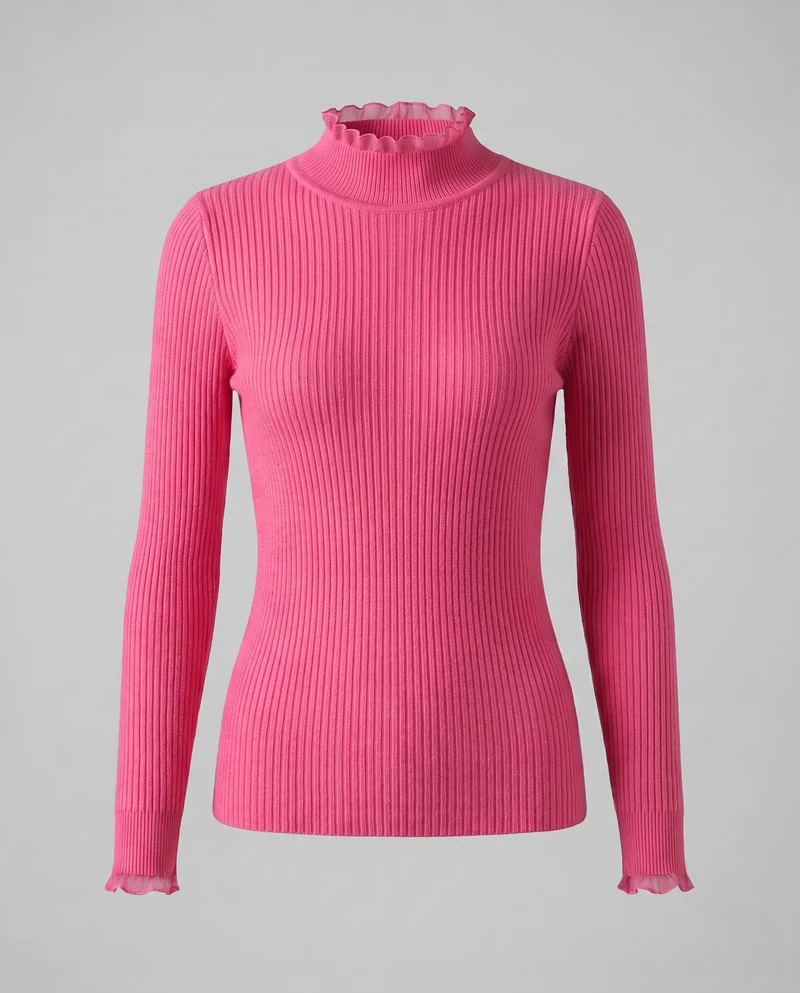 Damen Figurbetonter Feinstrickpullover mit feiner Rippenstruktur und Wellensaum-Ärmeln Nord Taschen