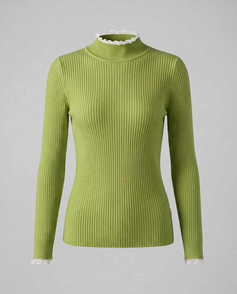 Damen Figurbetonter Feinstrickpullover mit feiner Rippenstruktur und Wellensaum-Ärmeln Nord Taschen