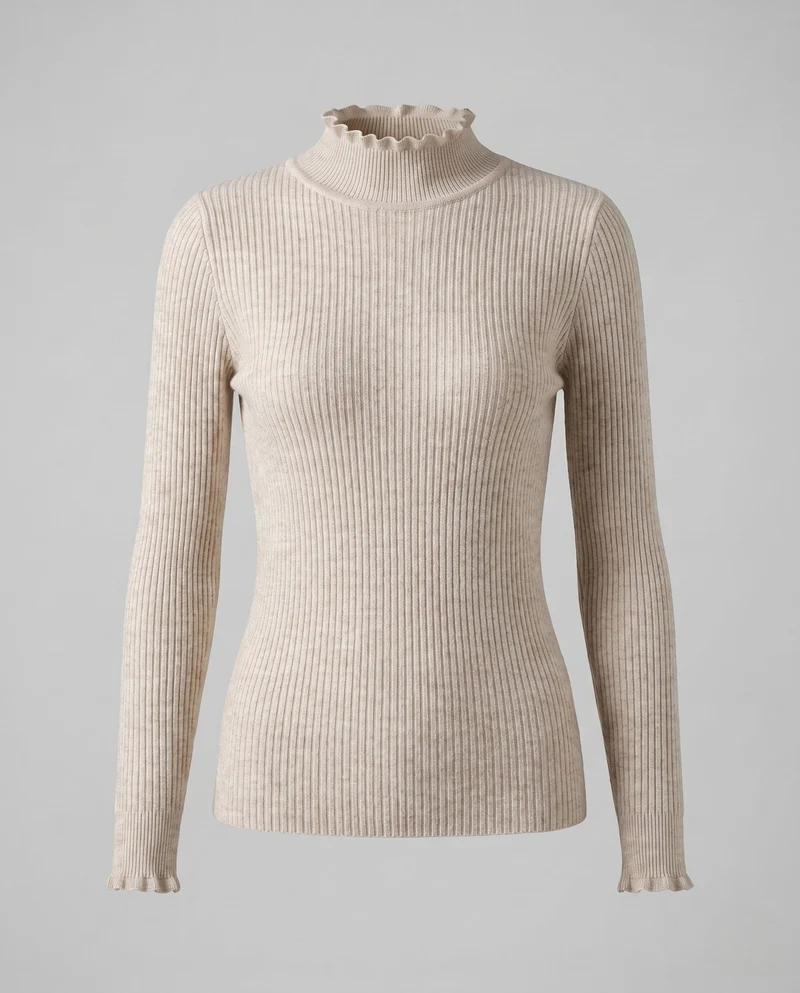 Damen Figurbetonter Feinstrickpullover mit feiner Rippenstruktur und Wellensaum-Ärmeln Nord Taschen