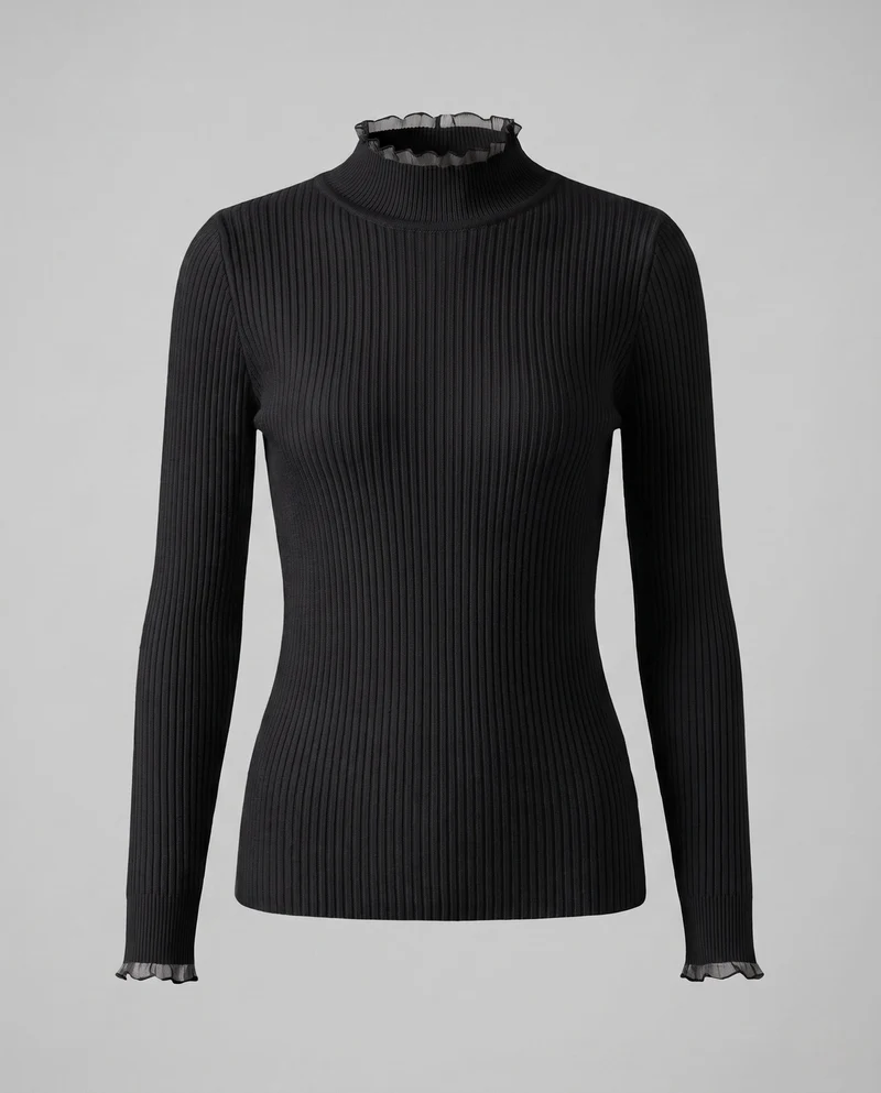 Damen Figurbetonter Feinstrickpullover mit feiner Rippenstruktur und Wellensaum-Ärmeln Nord Taschen