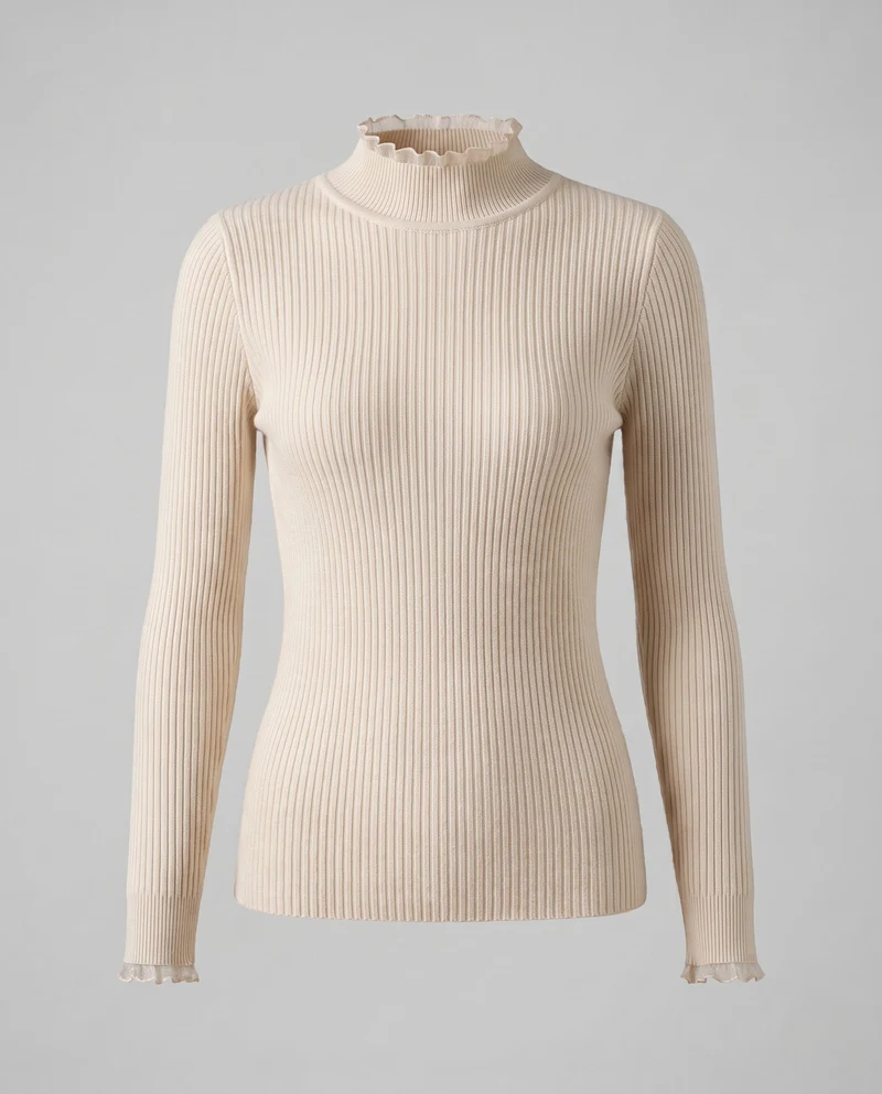 Damen Figurbetonter Feinstrickpullover mit feiner Rippenstruktur und Wellensaum-Ärmeln Nord Taschen