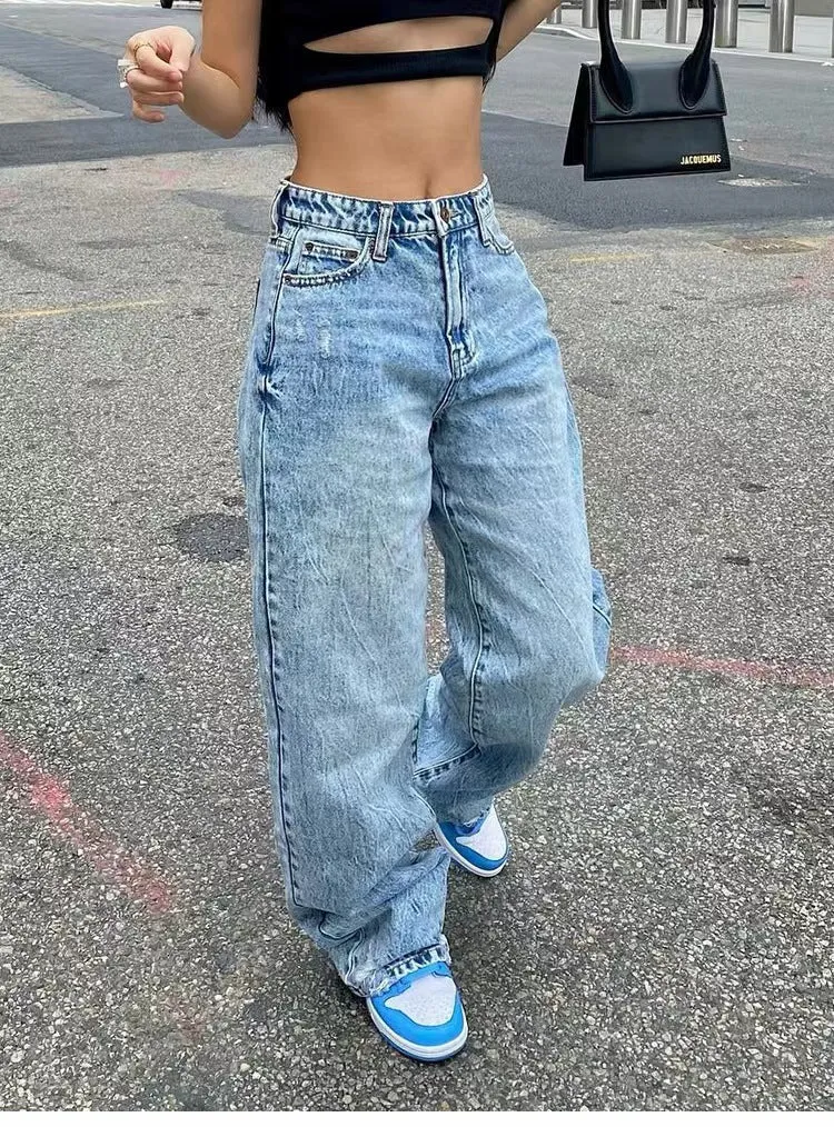 Damen weite Jeans mit hoher Taille und lässigem Schnitt Nord Taschen