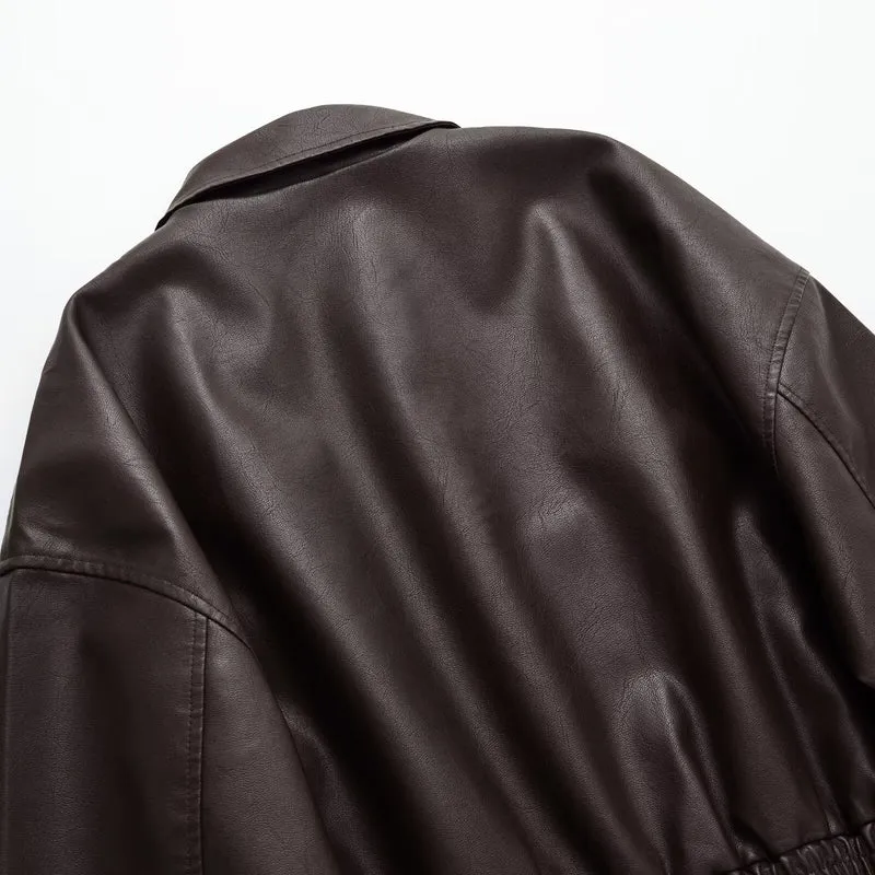 Damen Kurze Boxy-Bomberjacke aus veganer Lederoptik mit Hemdkragen und elastischem Bund Nord Taschen