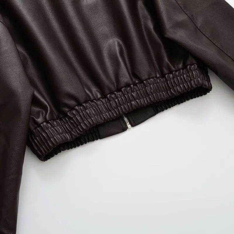Damen Kurze Boxy-Bomberjacke aus veganer Lederoptik mit Hemdkragen und elastischem Bund Nord Taschen