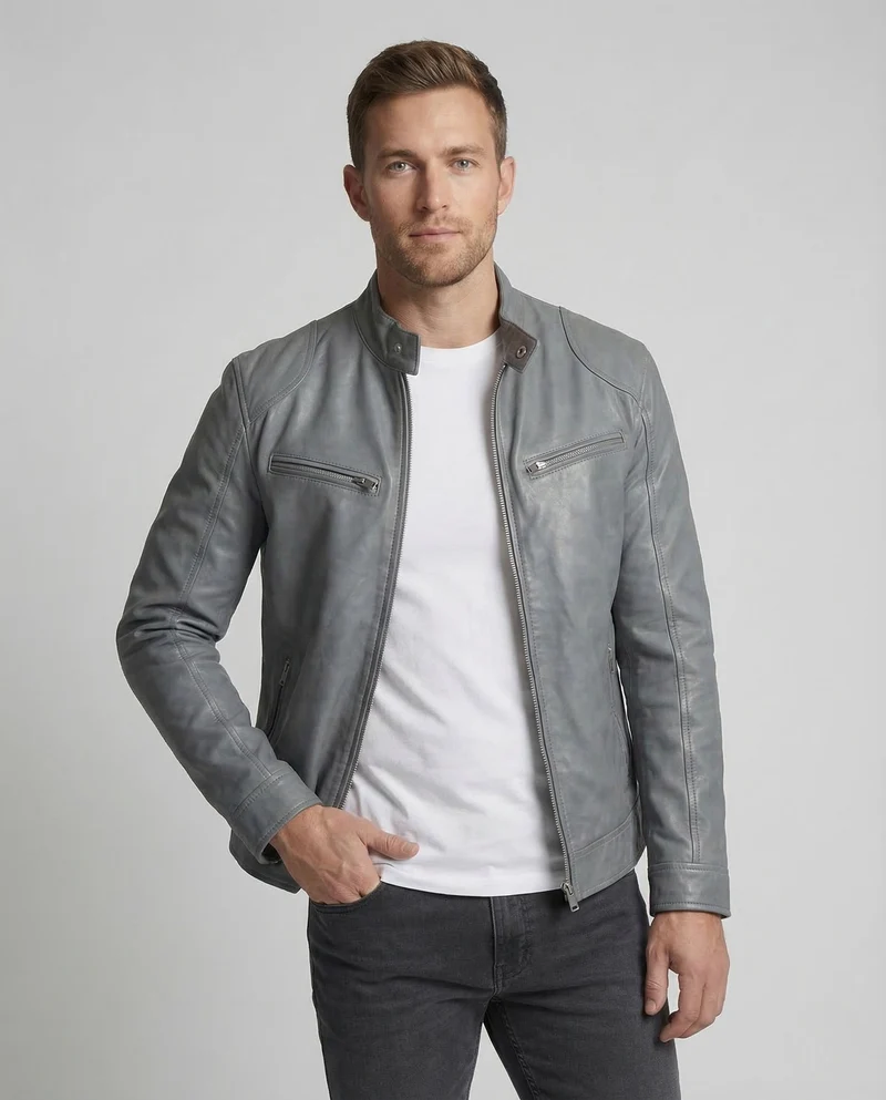 Herren Lederjacke Slim Stehkragen