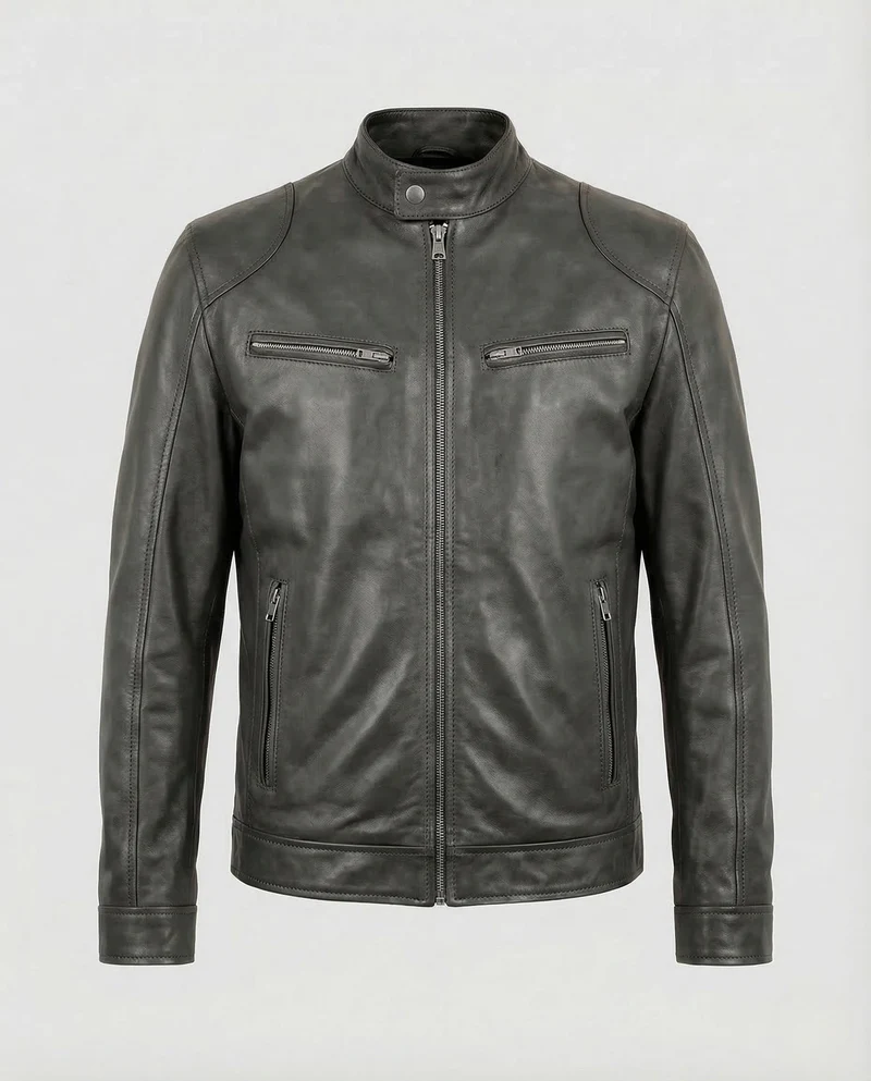 Herren Lederjacke Slim Stehkragen
