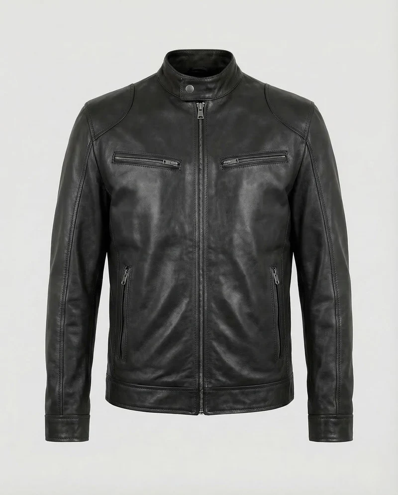 Herren Lederjacke Slim Stehkragen