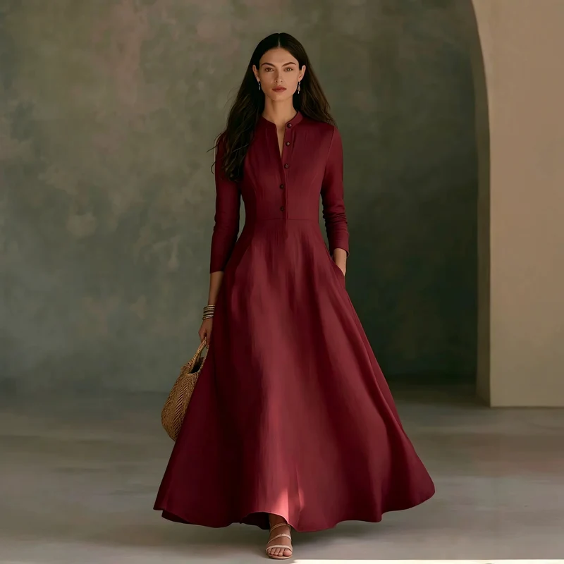 Damen Elegantes Langarm Maxikleid Nord Taschen
