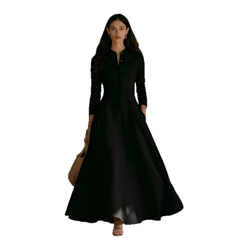 Damen Elegantes Langarm Maxikleid Nord Taschen