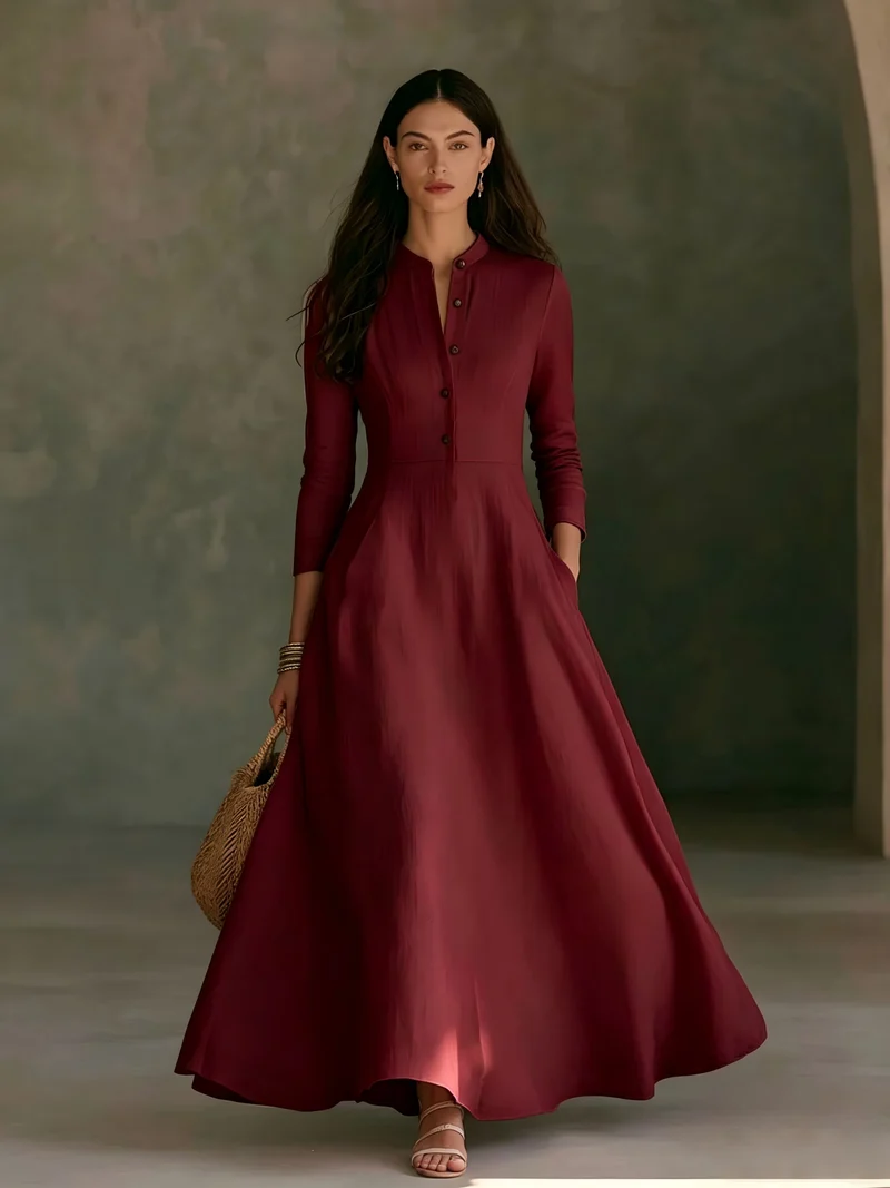 Damen Elegantes Langarm Maxikleid Nord Taschen